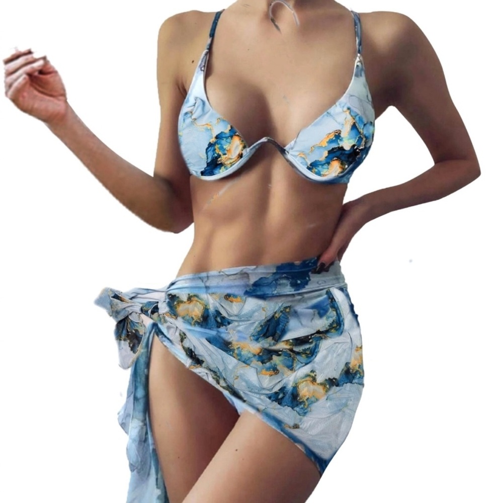 MsAnya Bikini 3 piece floral XL. Beach wrap skirt. Underwire padded top